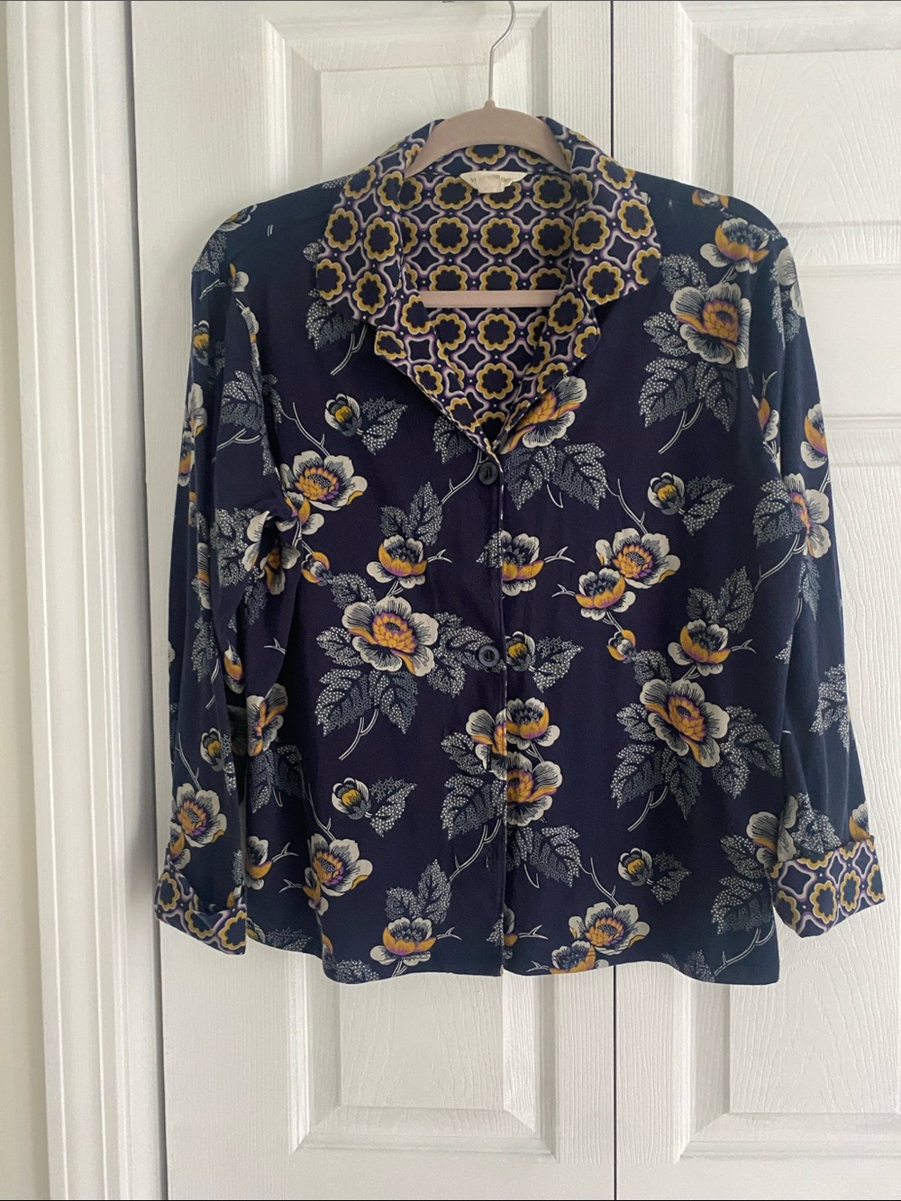 Vera Bradley Navy Floral Button-Down Top with Yellow Accents